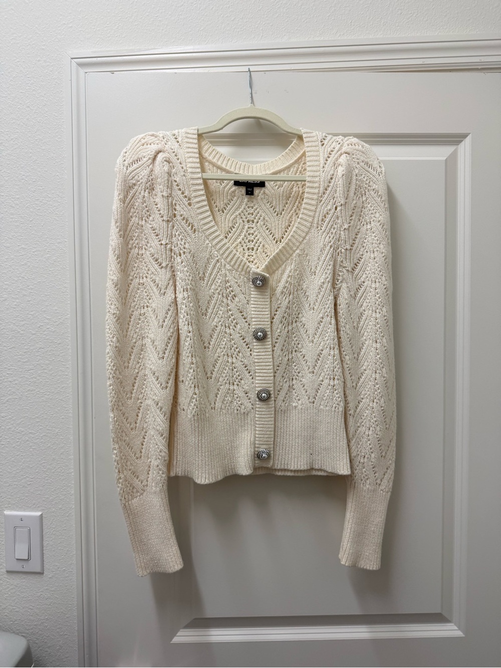 Express Cream Openwork Knit Button Cardigan